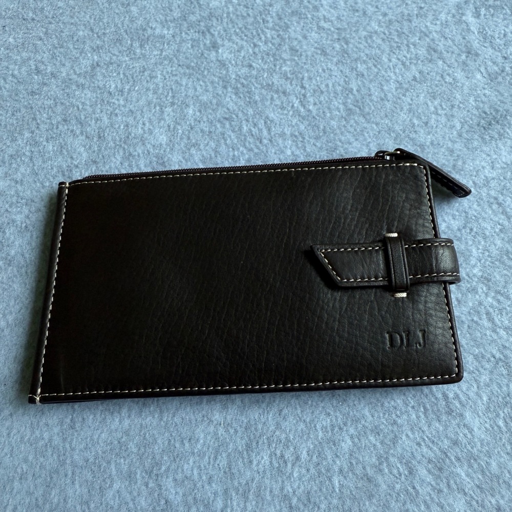 Levenger Black‎ Leather BiFold Wallet Card Holder Travel Organizer Monogram DLJ